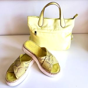 Snake skin pattern Leather Espadrille Platform slides, neon green matching purse